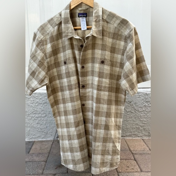 Patagonia Men’s Hemp Cotton Plaid Shirt L Short Sleeve Button-Down Tan - Picture 7 of 10